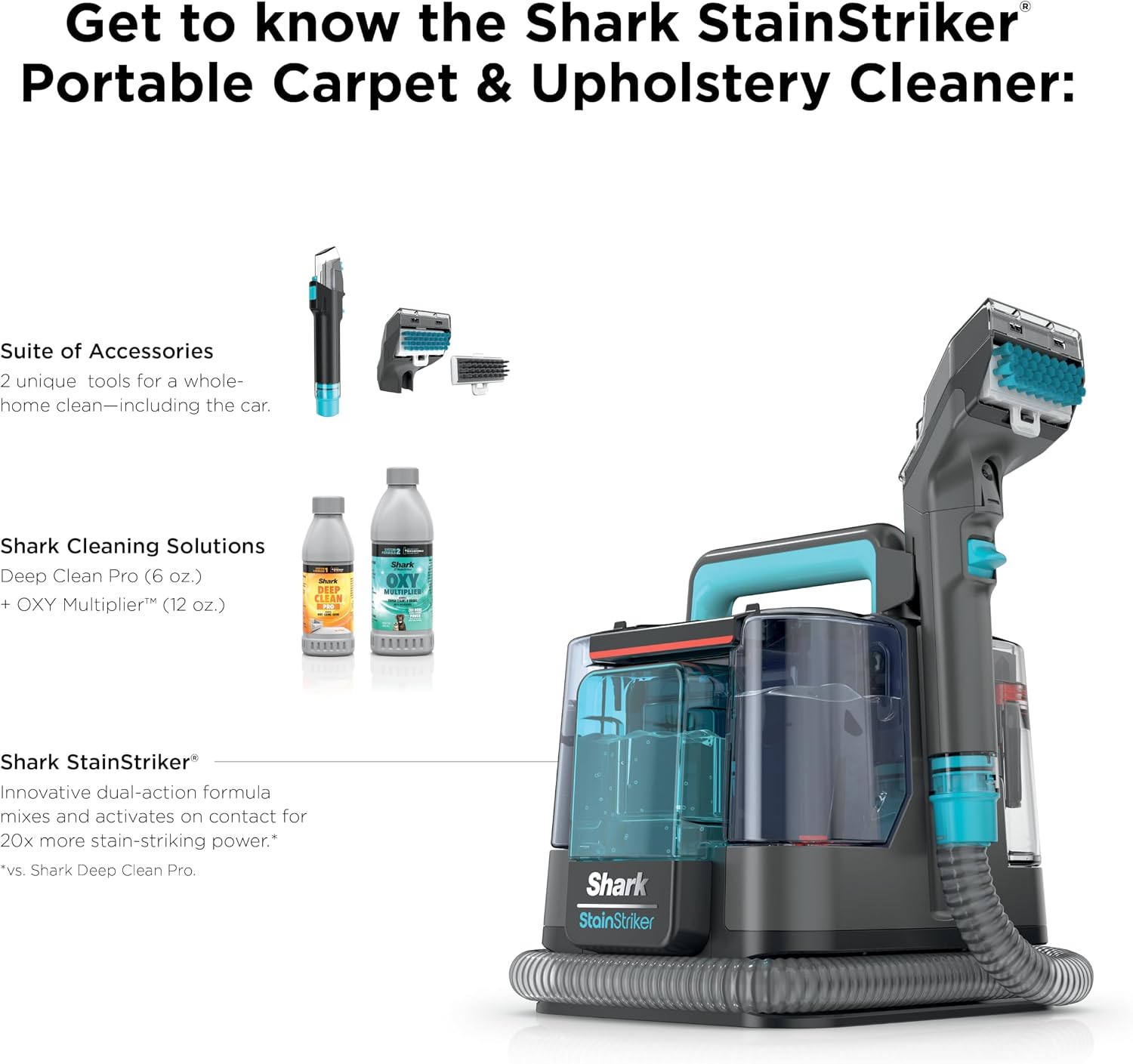 Shark StainStriker Portable Carpet & Upholstery Cleaner with On-Board Self-Cleaning, Spot, Stain, & Odor Eliminator, Includes 2 Cleaning Tools, 2 Cleaning Solutions, Charcoal, PX221BRN