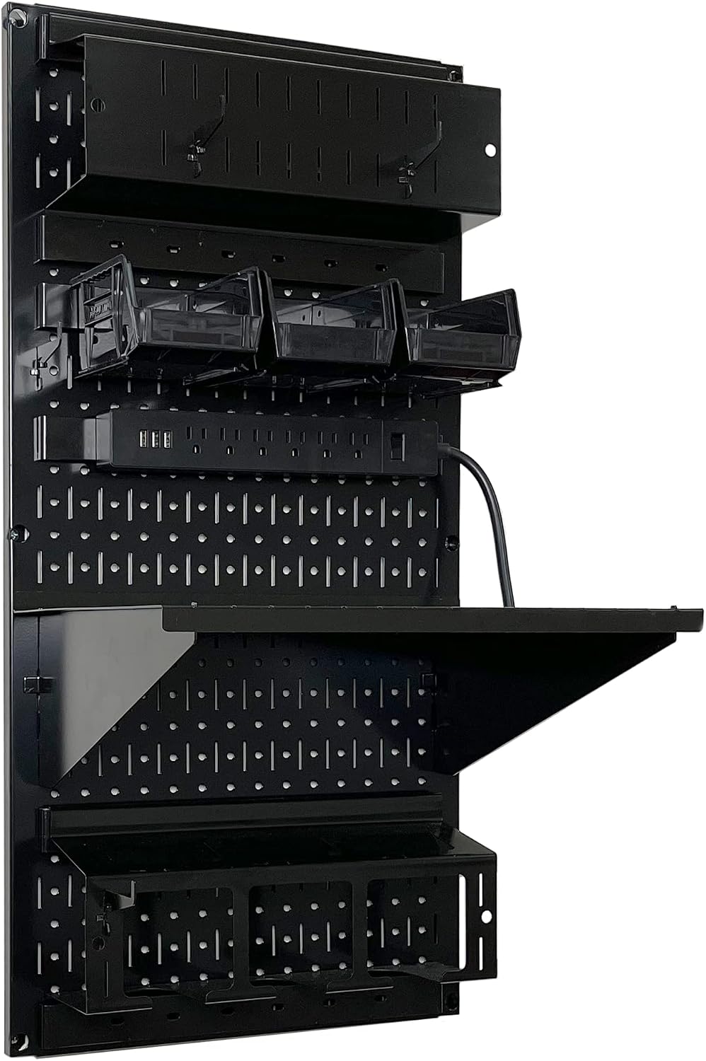 Wall Control Power Tool Storage Organizer Kit Cordless Drill Holder Charging Station Rack 16' x 32' Metal Pegboard Organization System (Black Pegboard)