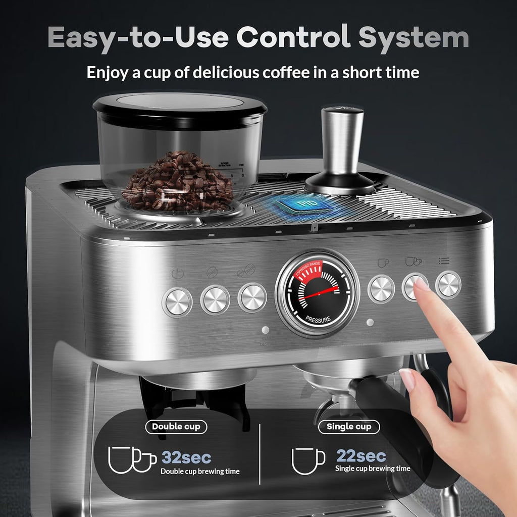 GarveeHome Espresso Coffee Machine, 20 Bar Professional Coffee Maker with Grinder and Milk Frother Steam Wand, 2.8 L Water Tank, 15 Grinding Setting Espresso Cappuccino/Latte Machine for Home