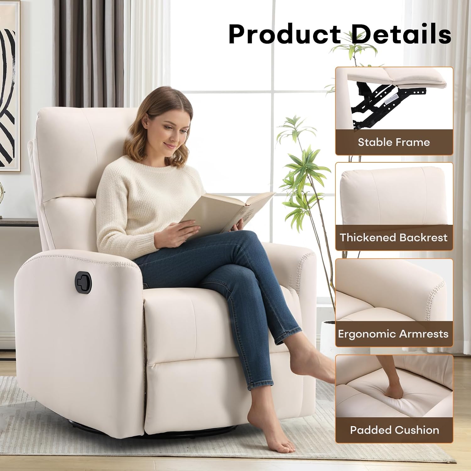 HAOMARKETS Swivel Rocker Recliner Chair, Manual Faux Leather Glider Rocking Recliners for Adults, 360° Swivel Nursery Reclining Sofa with Padded Backrest for Living Room, White