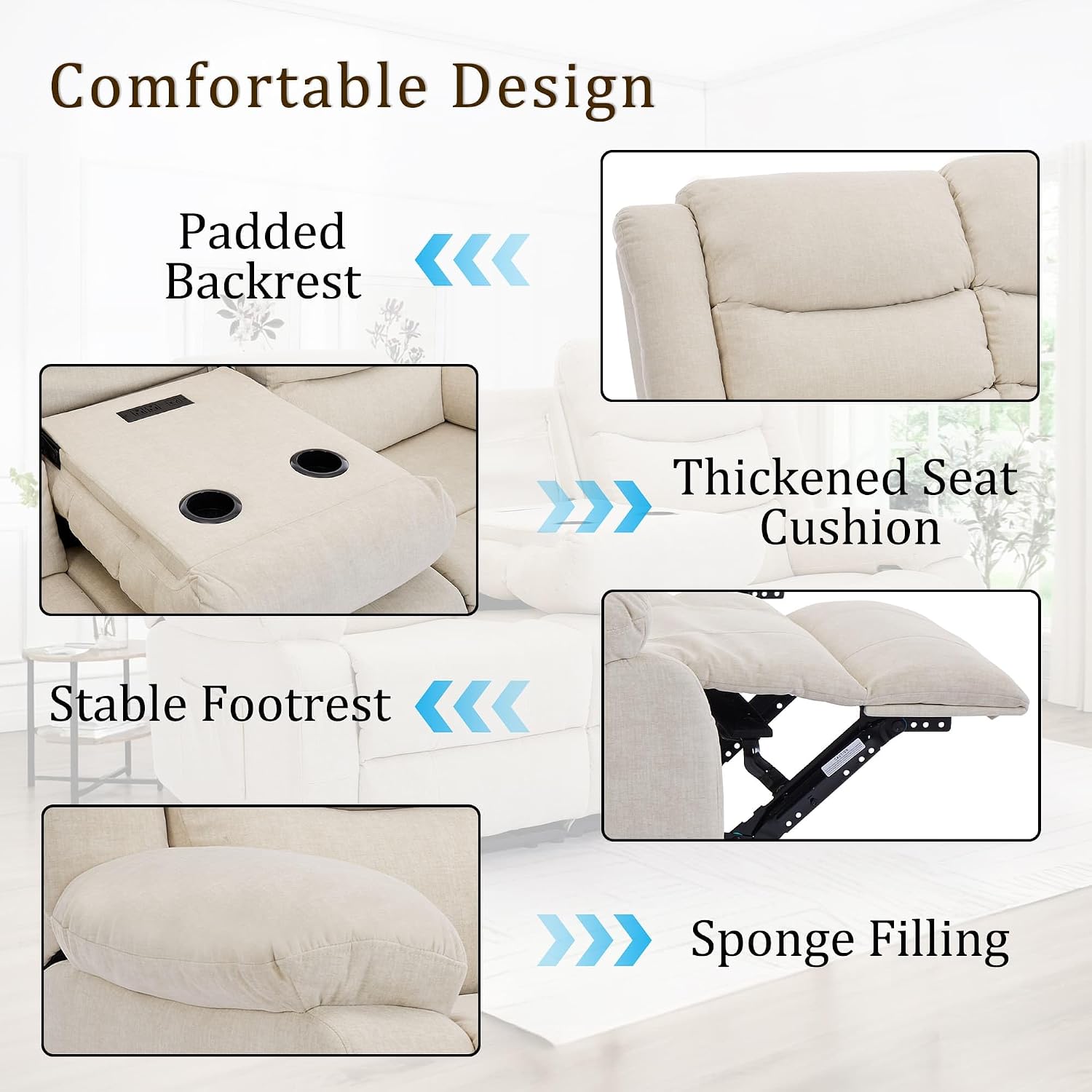Korser Recliner Sofa, Reclining Loveseat with Console, Oversized Reclining Couch with Drop Down Table, 3-Seater Sofa with Cup Holder and Recessed Power Strip, Beige