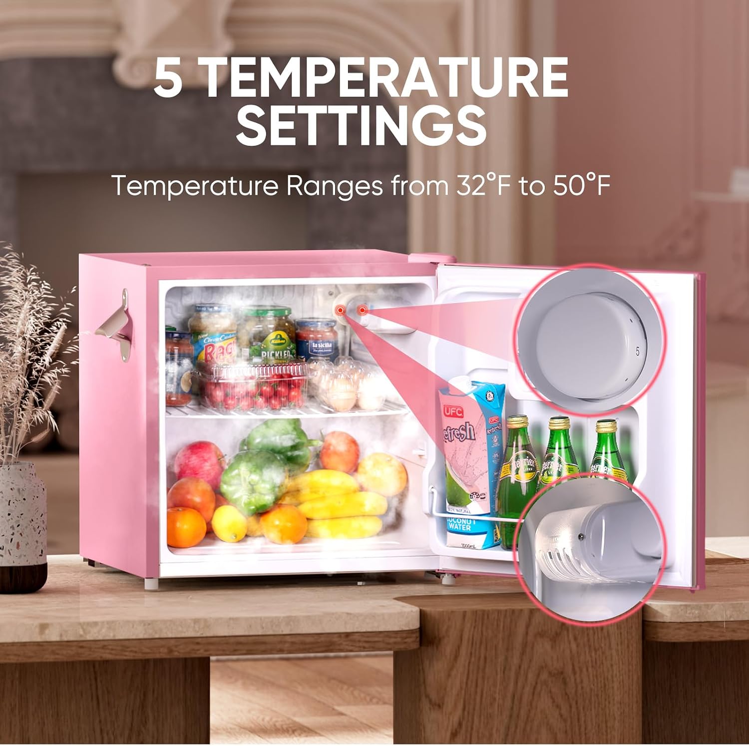 Upstreman 1.7 Cu.Ft Retro Mini Fridge, Low Noise, Energy Saving, Adjustable Thermostat, Single Door, Side Bottle Opener, Metal Handle, Compact Refrigerator for Office, Bedroom, Dorm-FR17 PRO (Pink)