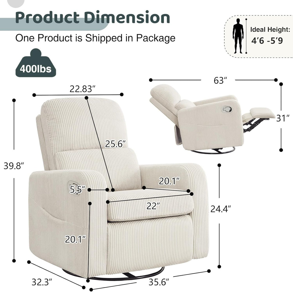 Swivel Rocker Recliner, Oversized Manual Nursery Glider Rocking Recliner Chair with Removable Cushion, Upholstered Swivel Reclining Chair for Nursery Living Room Bedroom, Corduroy White