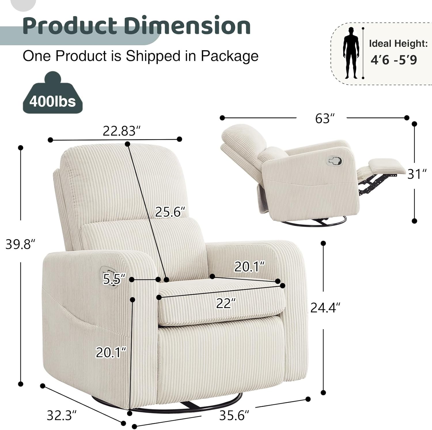 Swivel Rocker Recliner, Oversized Manual Nursery Glider Rocking Recliner Chair with Removable Cushion, Upholstered Swivel Reclining Chair for Nursery Living Room Bedroom, Corduroy White