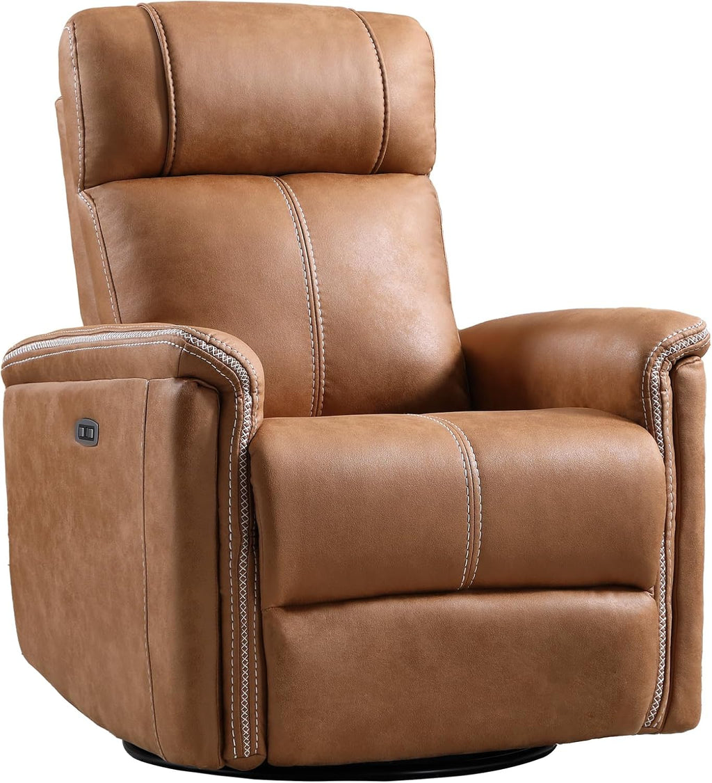 CANMOV Faux Leather Power Swivel Rocker Recliner,Glider Recliner for Nursery,Electric Swivel Rocker with USB Port,Upholstered Nursery Glider Reclining Sofa for Living Room,Brown1