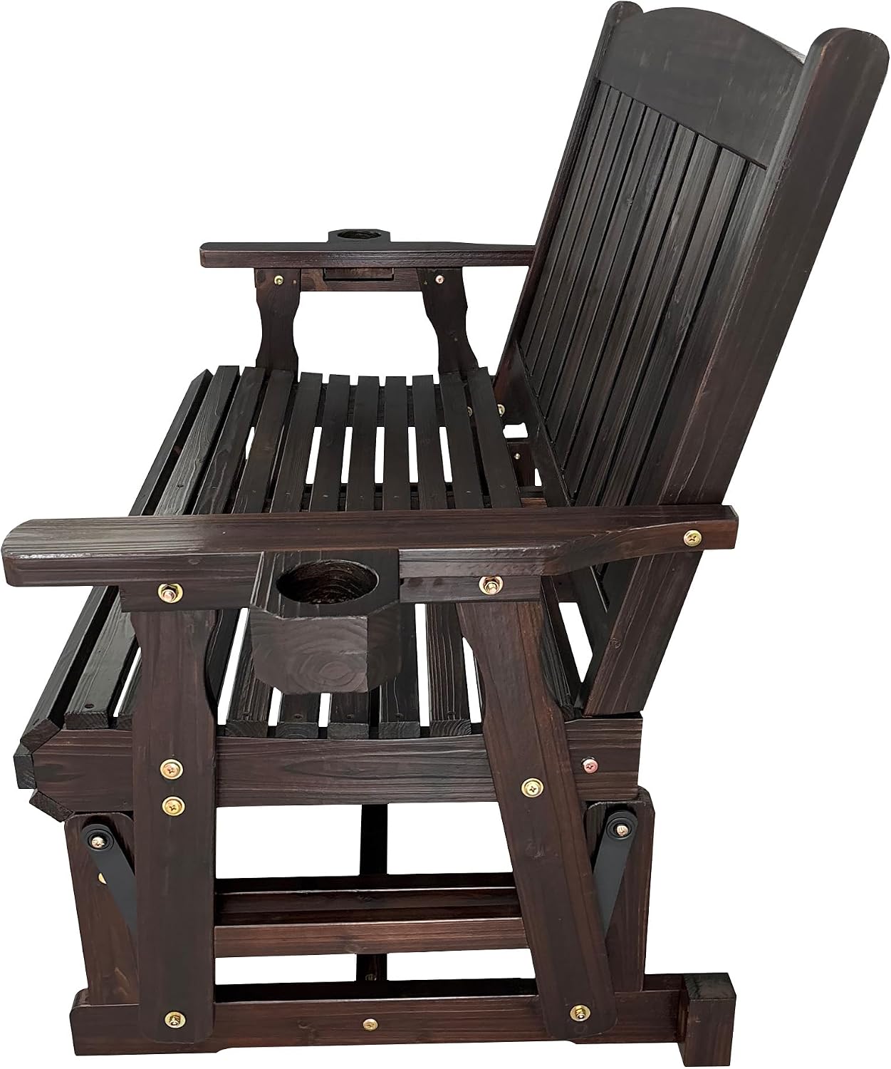 Fortune Candy Wooden Patio Glider for One Person, with High Back and Deep Contoured Seat, Solid Fir Wood, Heavy Duty 600 LBS (Deep Brown, 2-Seater)
