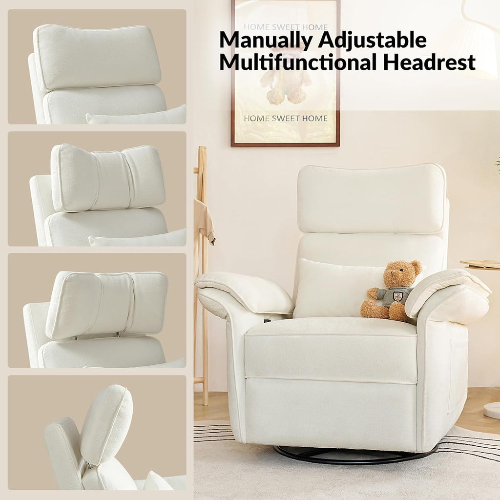 HULALA HOME Nursery Glider Recliner with Adjustable Headrest and Armrests, Modern Power Swivel Rocker Recliner Chair with USB Port and Storage Bags, GREENGARD, FSC, CertiPUR-US® Certified, Ivory