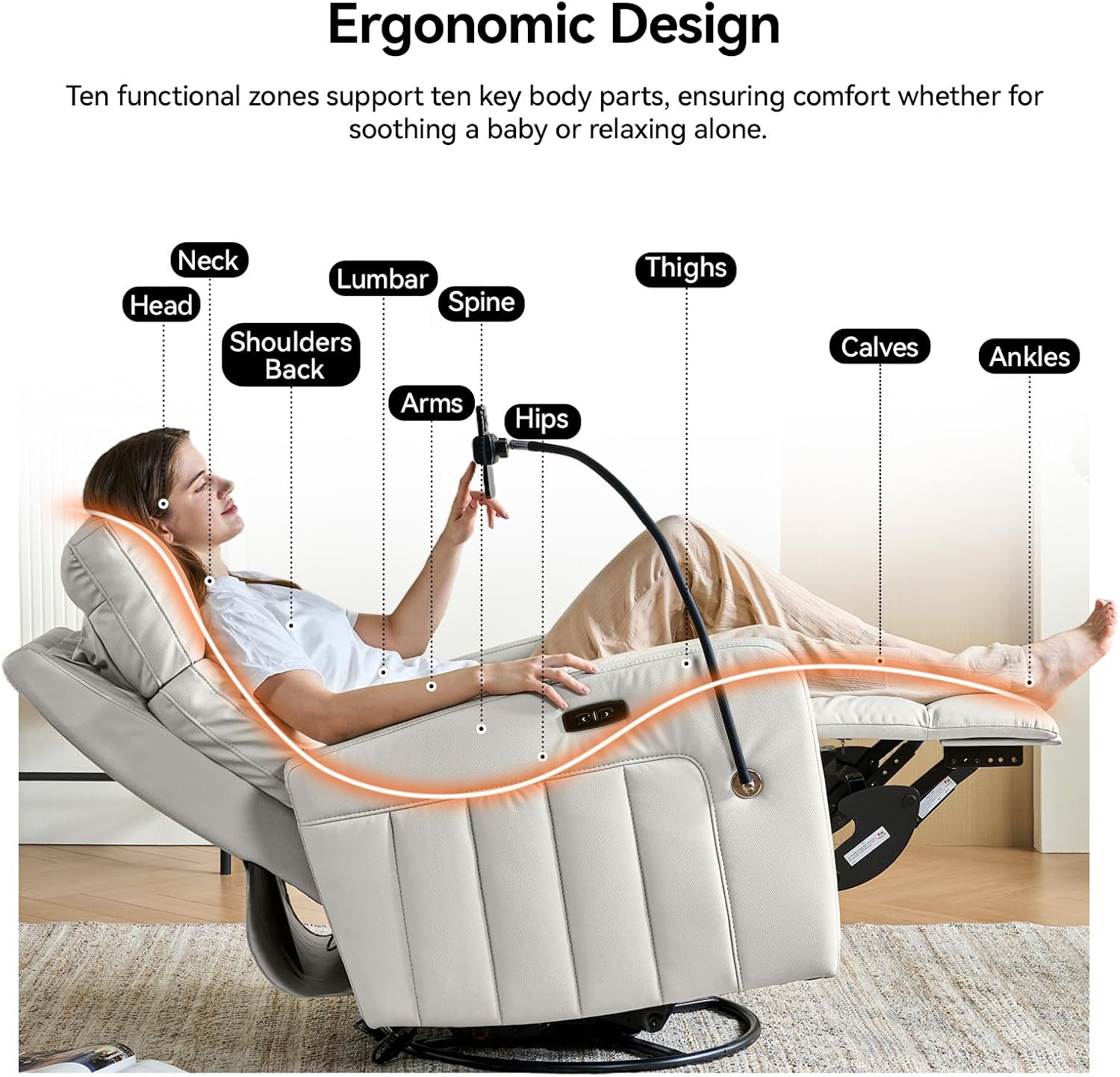 AIRSKY Power Recliner Chair with Power Headrest, Oversized Rocking Chair Nursery,Recliner Chair Swivel, Nursery Rocking Chairs, Lazy Boy Recliner Chair, Gray White,P2