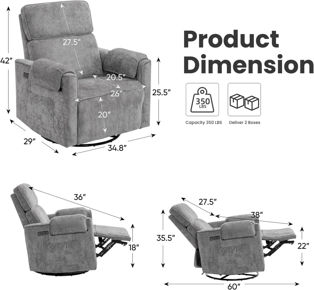 Oversized Power Recliner Chair with Adjustable Headrest, Swivel Rocking Recliner for Adults, 26' Extra Wide Glider Nursery Chair with Overstuffed Armrest for Living Room, USB Ports, Grey