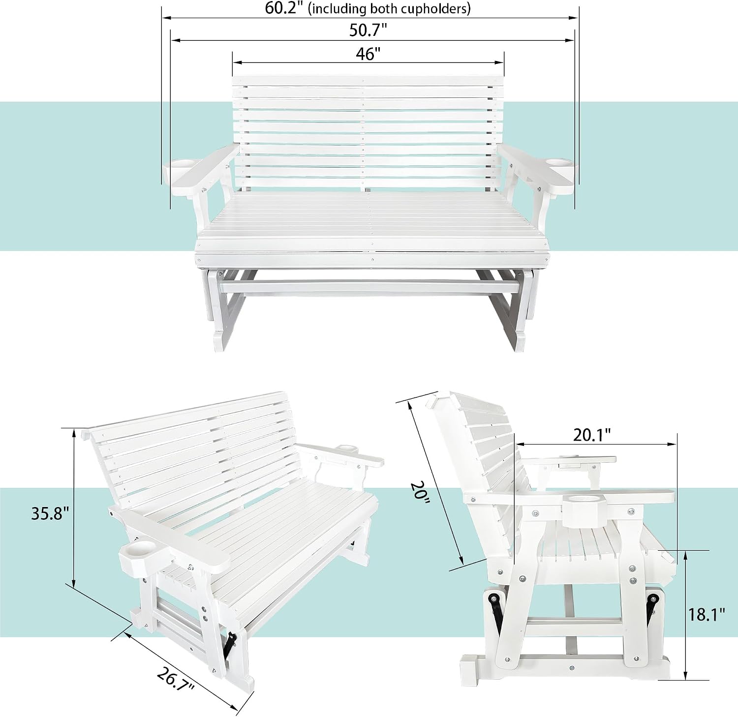 Fortune Candy Patio Glider with Cup Holders, High Roll Back and Deep Contoured Seat,Heavy Duty 800 Lb (White, 2-Seater)