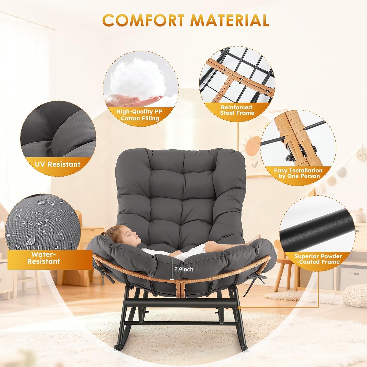Takywep Rocking Chair - Oversized Outdoor Rocking Chairs with Footrest, Indoor Papasan Rocker Egg Chair for Bedroom, Living Room, Porch, Garden, Lawn (Dark Gray-Polyester)
