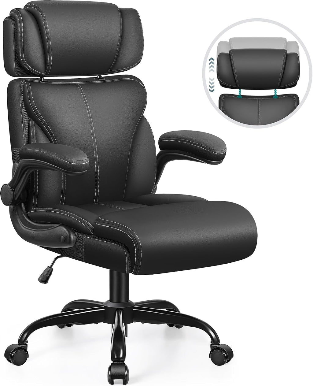 Office Chair, Ergonomic Big and Tall Computer Desk Chair with Retractable Adjustable Headrest, Executive Breathable Leather Chair, Lumbar Support Swivel PC Chair with Flip-up Armrests Rocking Function