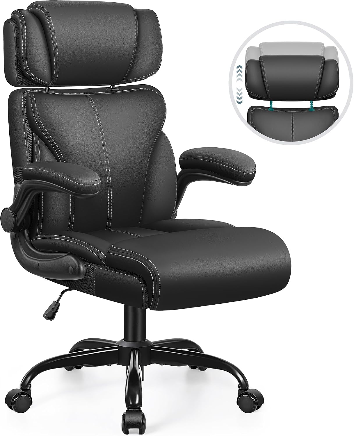 Office Chair, Ergonomic Big and Tall Computer Desk Chair with Retractable Adjustable Headrest, Executive Breathable Leather Chair, Lumbar Support Swivel PC Chair with Flip-up Armrests Rocking Function