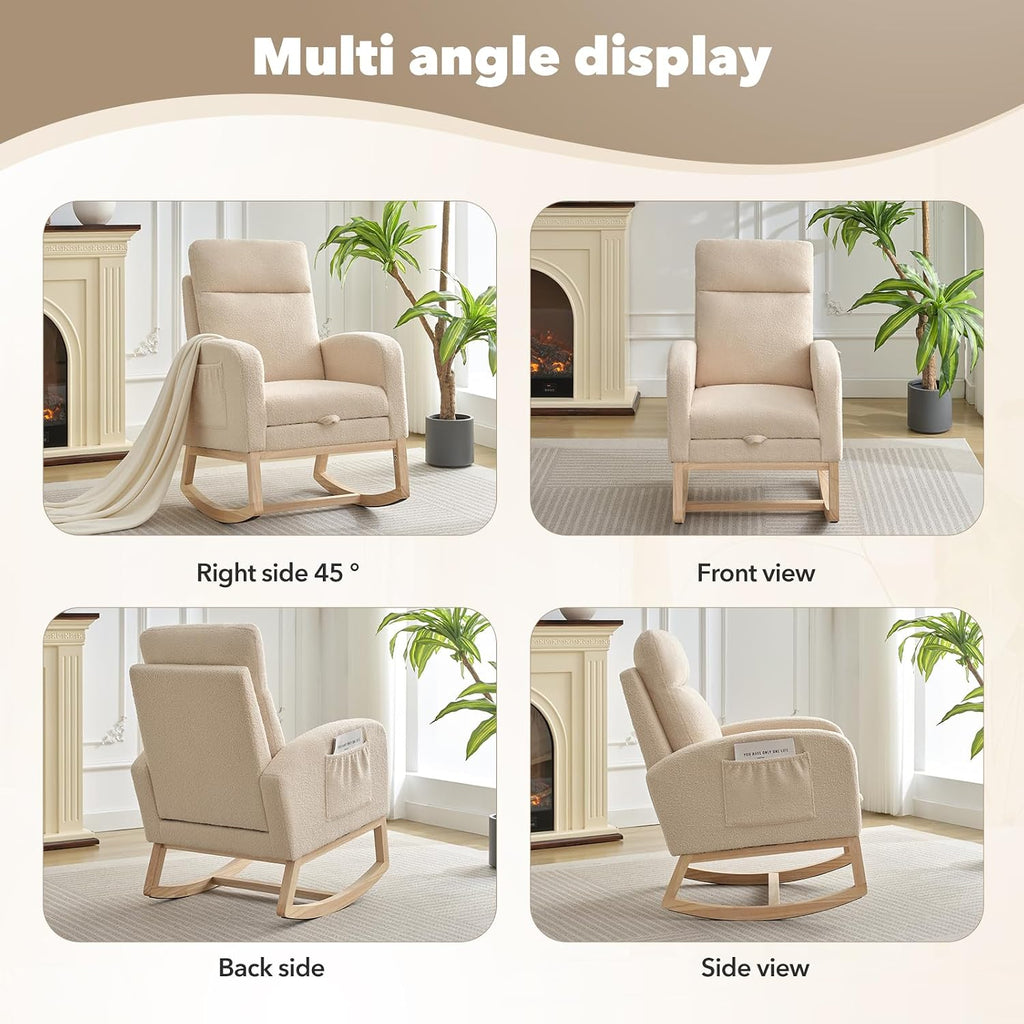 Nursery Rocking Chair with Foot Rest, High Back Upholstered Glider Rocker Chair, Solid Wood Base Lounge Chair for Mom Feeding, Living Room Bedroom Relaxation