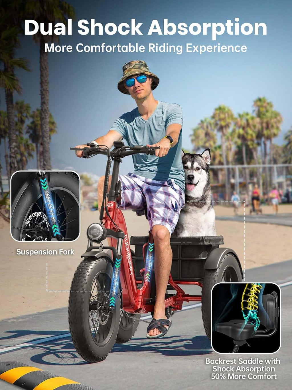 PUCKIPUPPY Electric Tricycle for Adult with 48V 17.4AH Cell Battery, 60 Miles Range Pickup Class Trike, 500 Lbs Load Electric Trike with Rear Differential and 20' Fat Tires, 960W Peak Motor, Husky