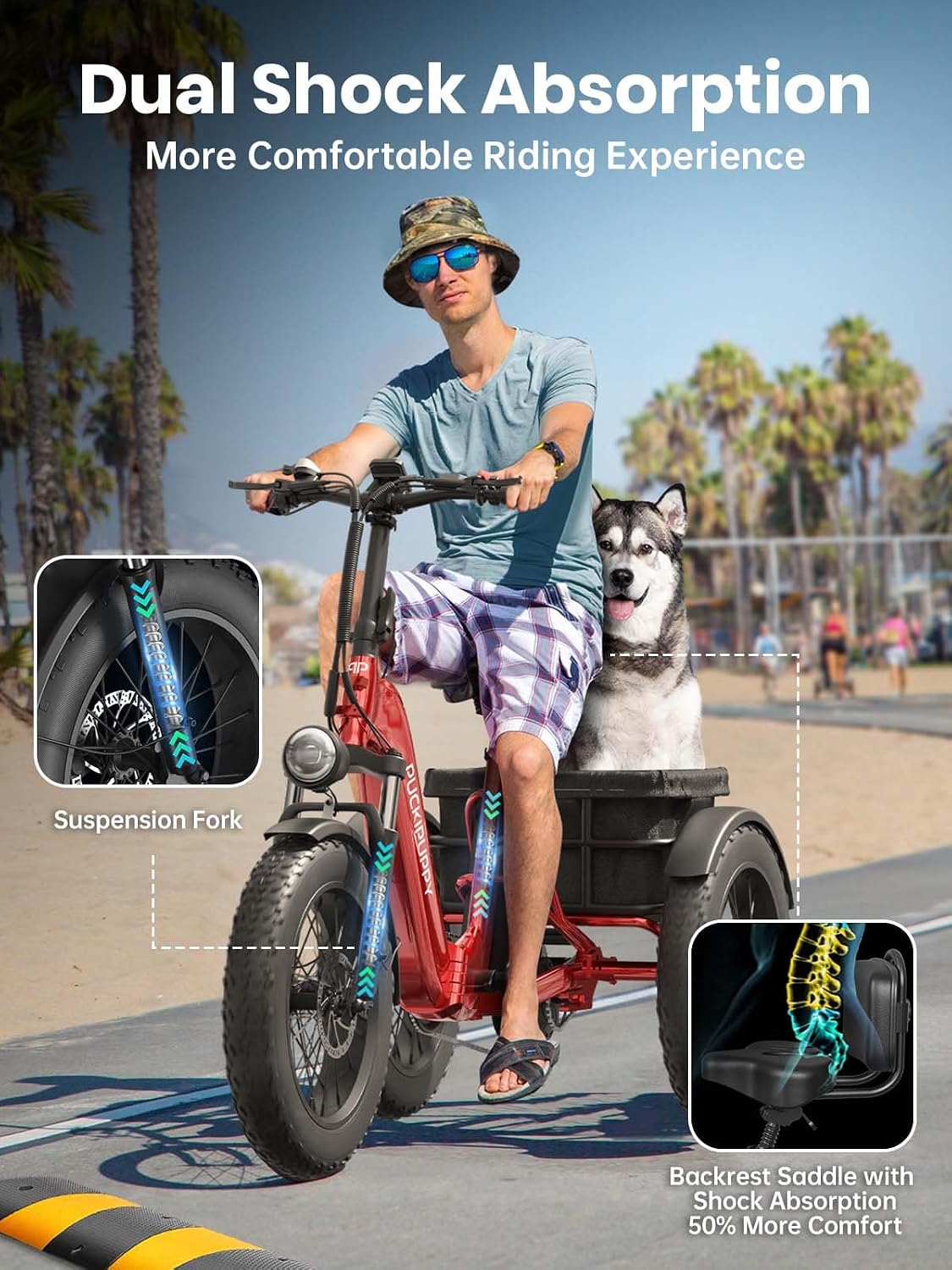 PUCKIPUPPY Electric Tricycle for Adult with 48V 17.4AH Cell Battery, 60 Miles Range Pickup Class Trike, 500 Lbs Load Electric Trike with Rear Differential and 20' Fat Tires, 960W Peak Motor, Husky