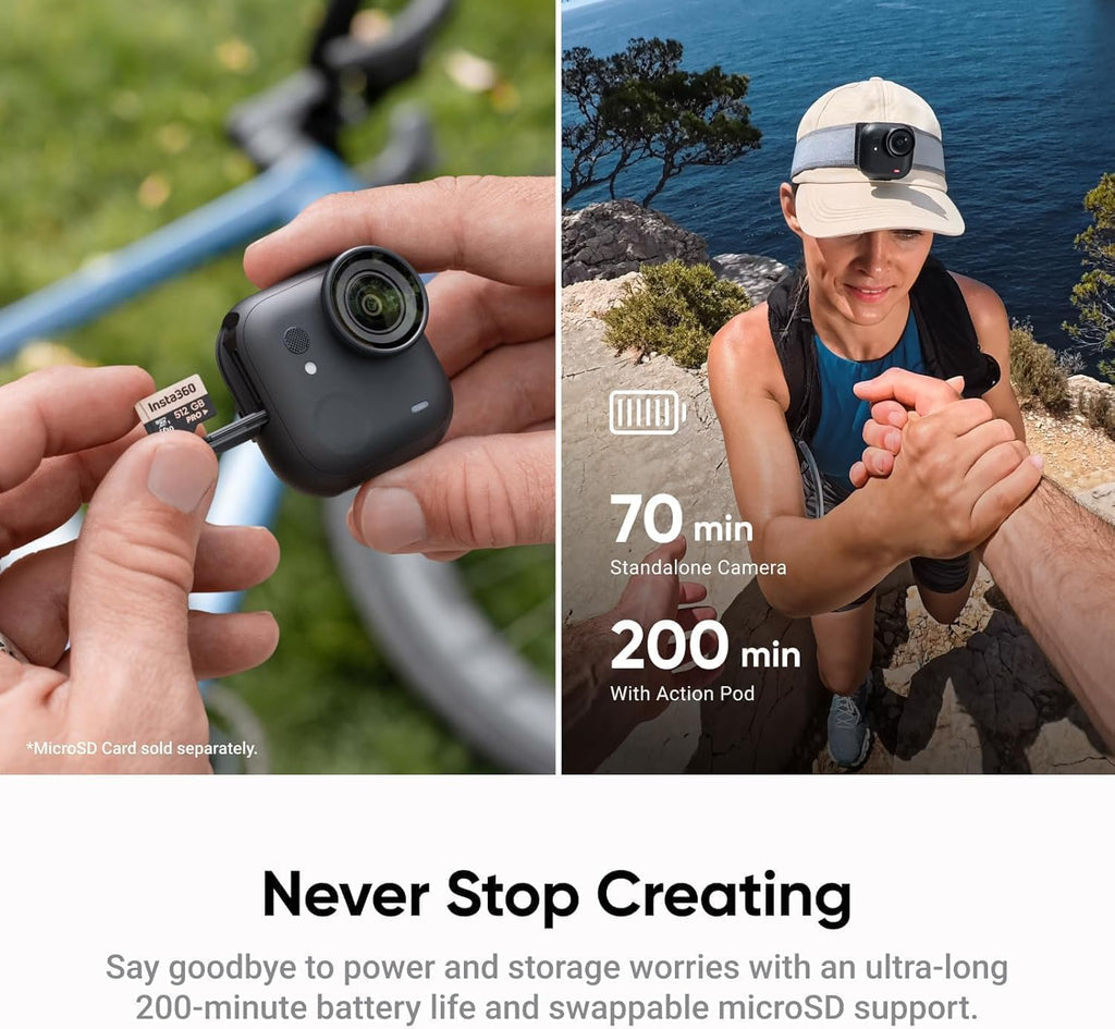 Insta360 GO Ultra Creator Bundle Midnight Black 512GB- Tiny Mighty Hands-Free 4K Cam, Lightweight, Low Light Excellence, Mount Anywhere, FlowState Stabilization, 200 Min Battery Life