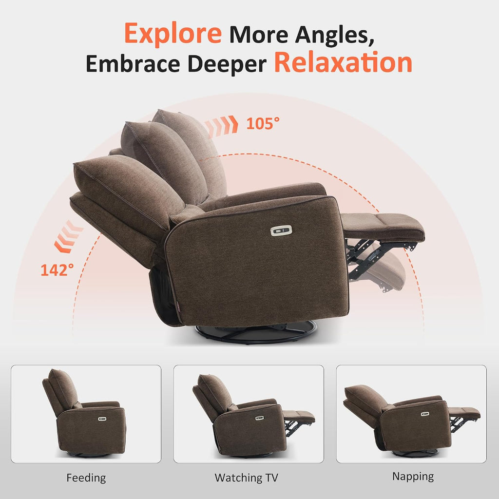 MCombo Swivel Glider Rocker Power Recliner Chair, Electric Swivel Rocker Recliner with USB Charging Ports for Living Room and Nursery, Fabric 6922 (Brown)