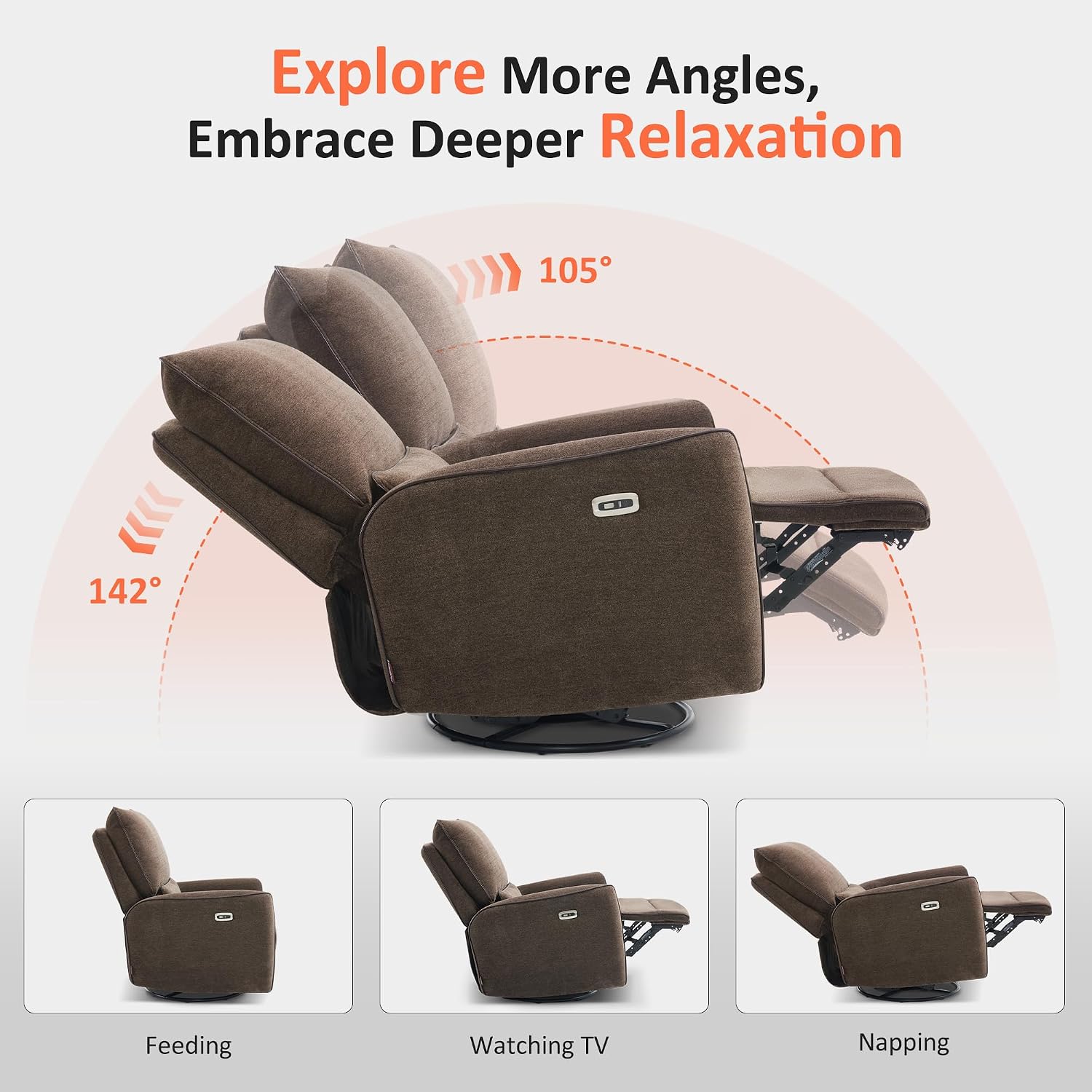 MCombo Swivel Glider Rocker Power Recliner Chair, Electric Swivel Rocker Recliner with USB Charging Ports for Living Room and Nursery, Fabric 6922 (Brown)