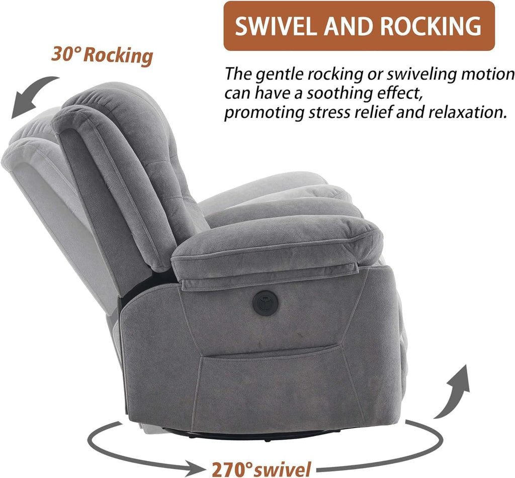 Ketaiyou Power Swivel Rocker Recliner with Massage and Heat, USB Port, Infinite Position, Oversized Electric Glider Rocking Chairs Living Room, Soft Fabric Reclining Sofa Chair(Misty Gray)
