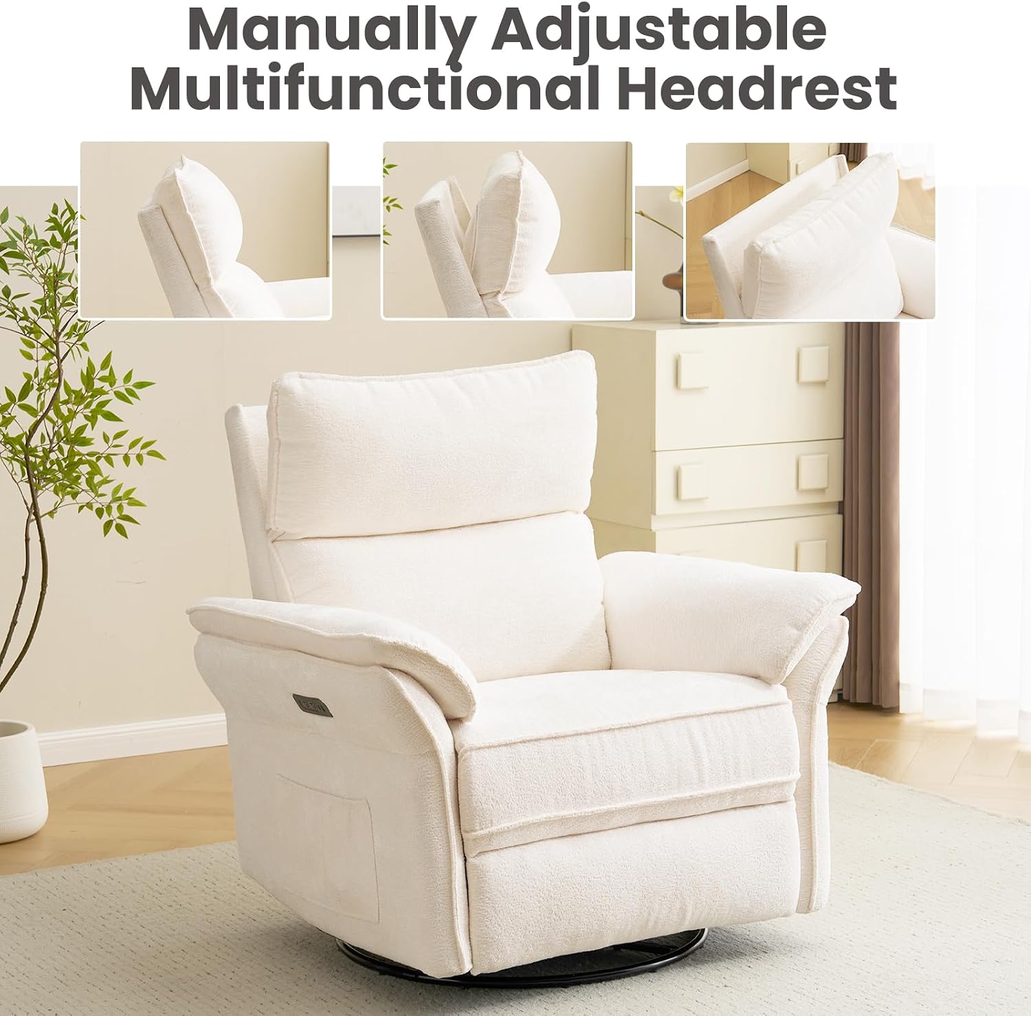 Oversized Power Recliner Chair Swivel Glider with Massage and Heat, Rocker Nursery Recliner for Adults with Adjustable Headrest, 26' Extra Wide Nursery Chair with Overstuffed Armrest,White