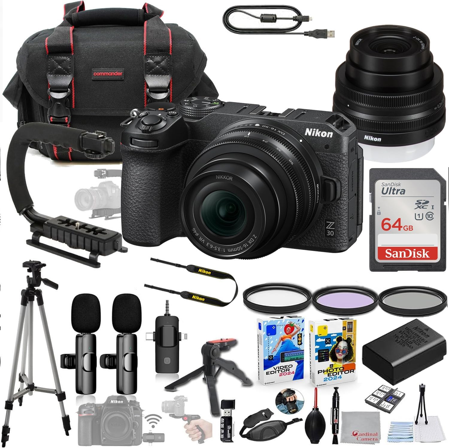 Nikon Z30 Mirrorless Camera with 16-50mm Lens Bundle + Wireless Microphone System + Accessory Package Including 64GB Memory, U-Grip, Case, Tripod, Software and More (35 Items)