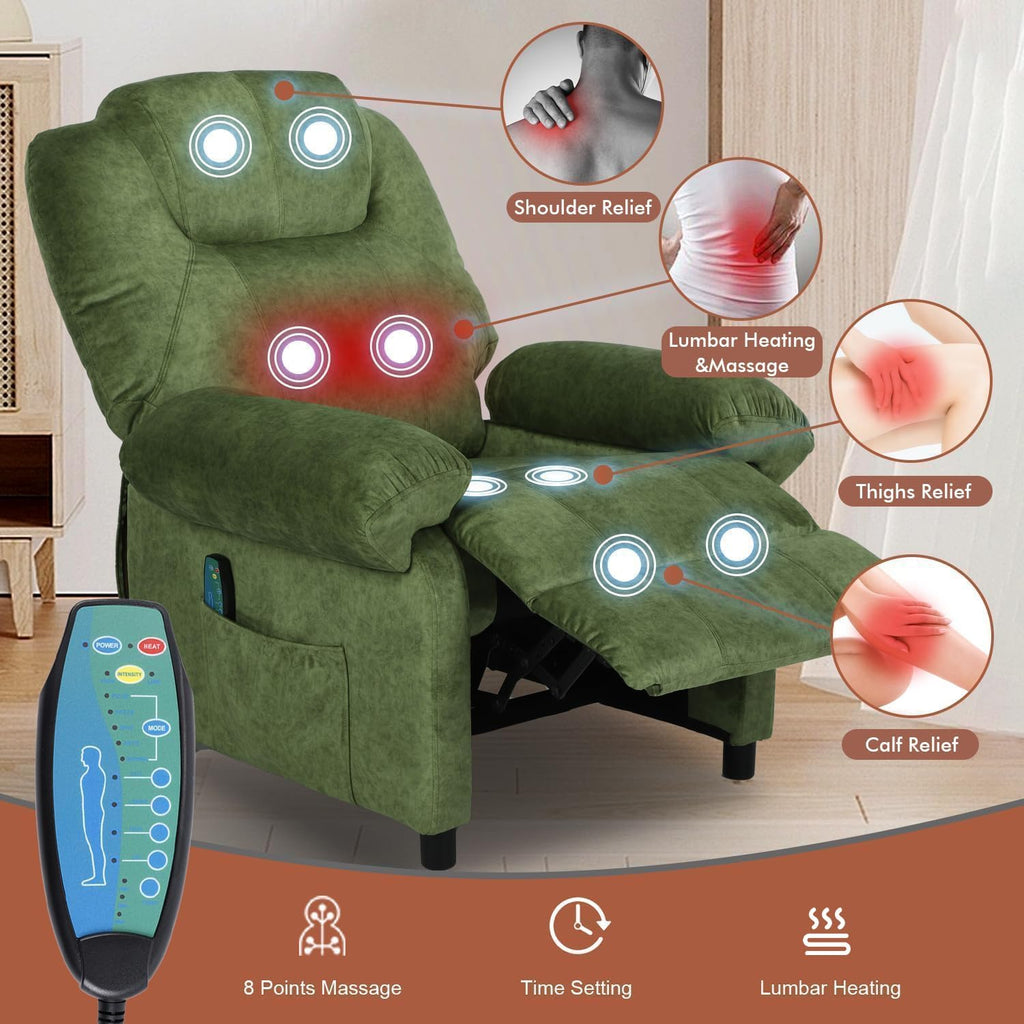 Overstuffed Push Back Recliner Chair for Living Room, Mid Century Fabric Heated Massaging Reclining Chair Small Recliner Chair with Heat and Massage, Green