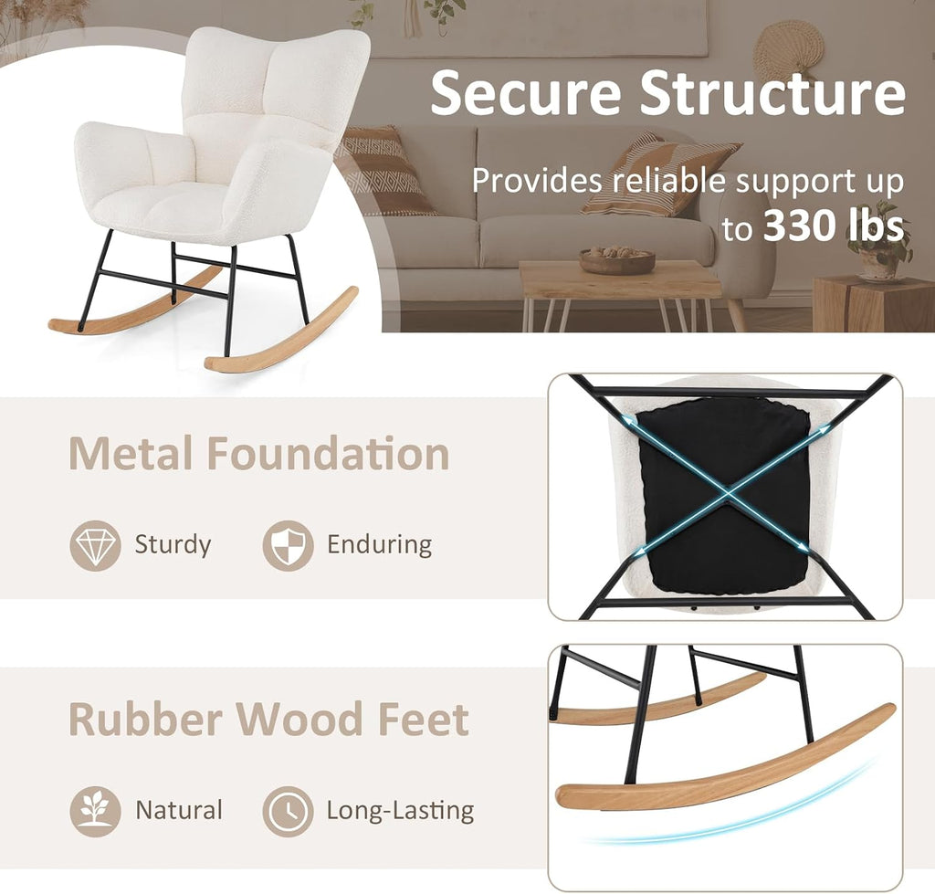Giantex Rocking Chair Nursery, Teddy Upholstered Glider Rocker Chair w/High Backrest, Armrests & Rubber Wood Feet, Modern Sherpa Rocking Accent Chair for Living Room, Bedroom & Office, Beige