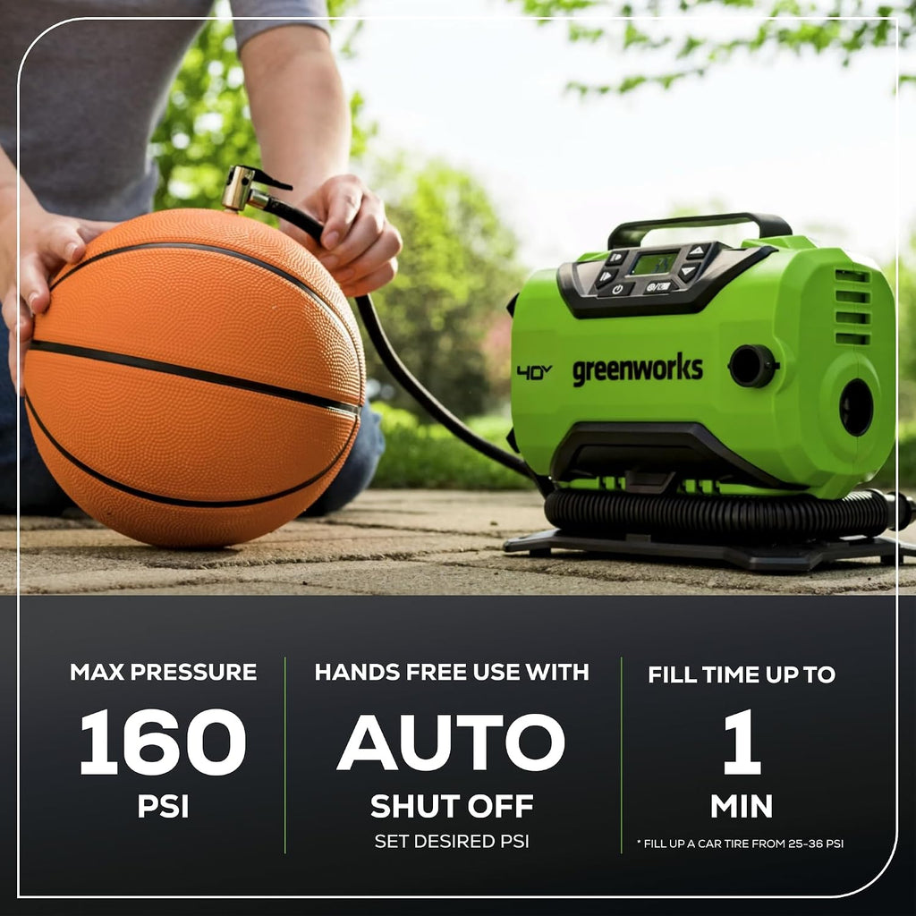 Greenworks 40V Cordless Tire Inflator, 160 PSI Portable Air Compressor, 2 Power Sources, Auto Shut Off, for Car, Bicycle, Motorcycle, Inflatables With 2.0 Ah USB (Power Bank) Battery & Charger
