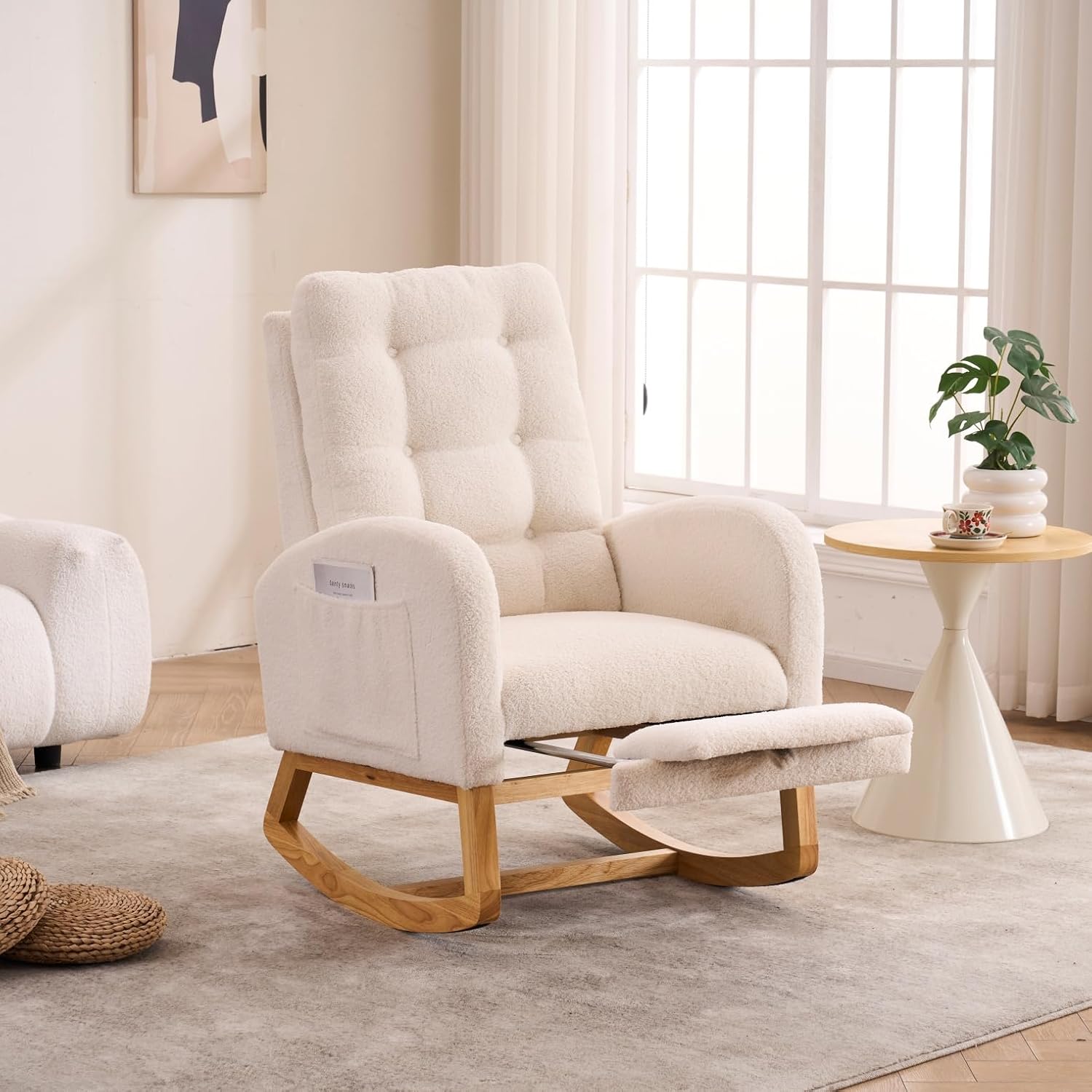 Accent Rocking Chair with Curved Back & Pillow, Teddy Velvet Upholstered Rocker with Rubberwood Base, Cozy Nursery Chair for Living Room & Bedroom, Cream White