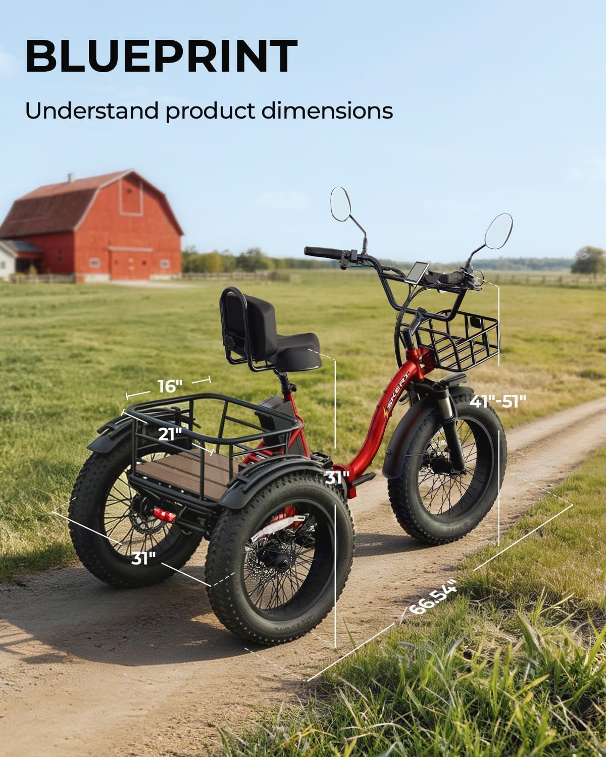 Skeri Electric Tricycle for Adults, 750W(Peak 1350W) Motor Etrike, 20'x4' Folding Fat Tire Electric Trike, 48V13Ah Battery, 3-Wheel Electric Bike, 20MPH, Front & Rear Basket & Differential