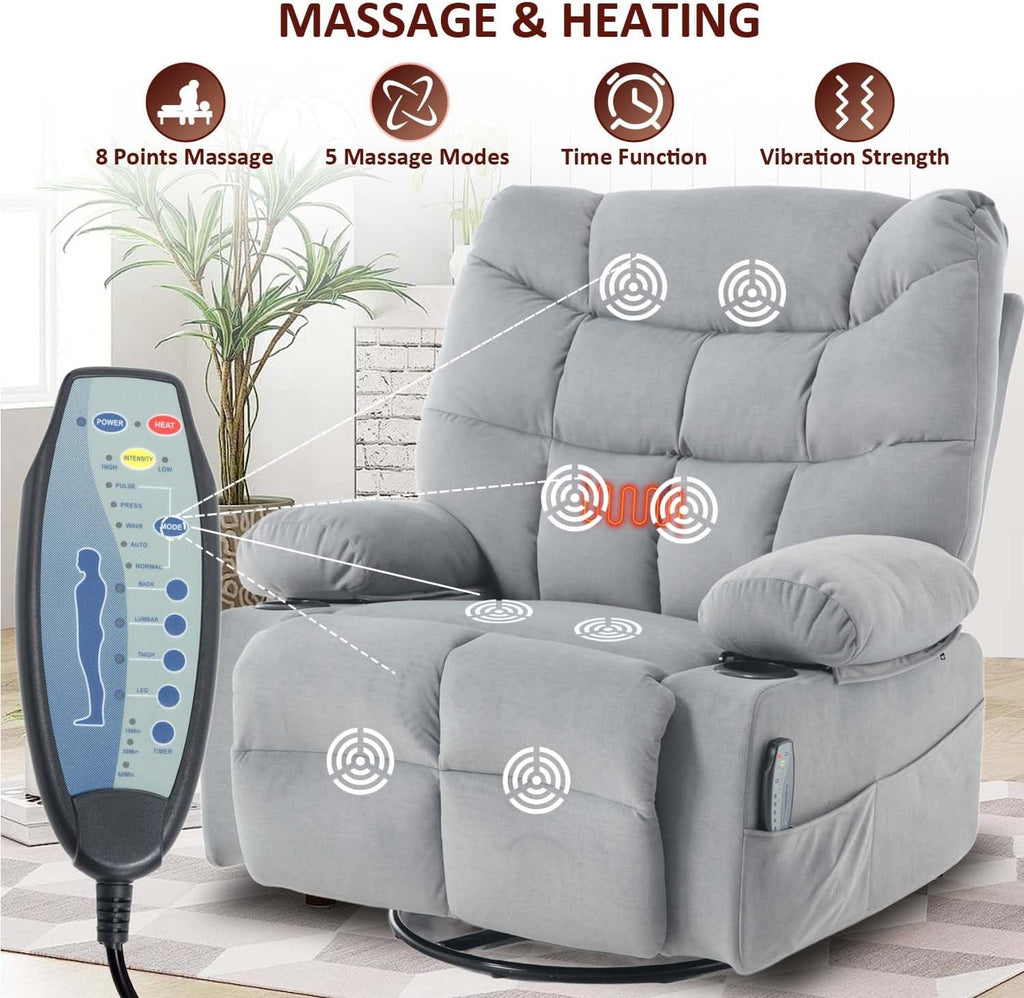 KCQ Swivel Rocker Recliner Chair with Massage and Heat, Fabric Heated Reclining Chairs Manual Recliner with Cup Holder for Adults, Nursery Rocking Glider Chair, Grey
