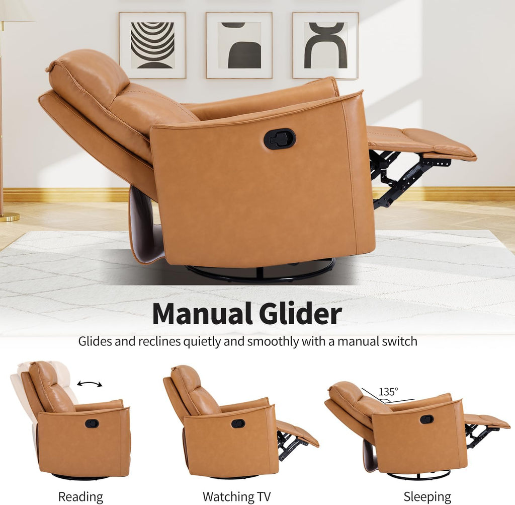 Swivel Rocker Recliner, Glider Rocking Chair, Nursing Chairs Swivel Glider Recliners with Soft Backrest, Leathaire Manual Reclining Sofa for Living Room Bedroom Apartment, Camel