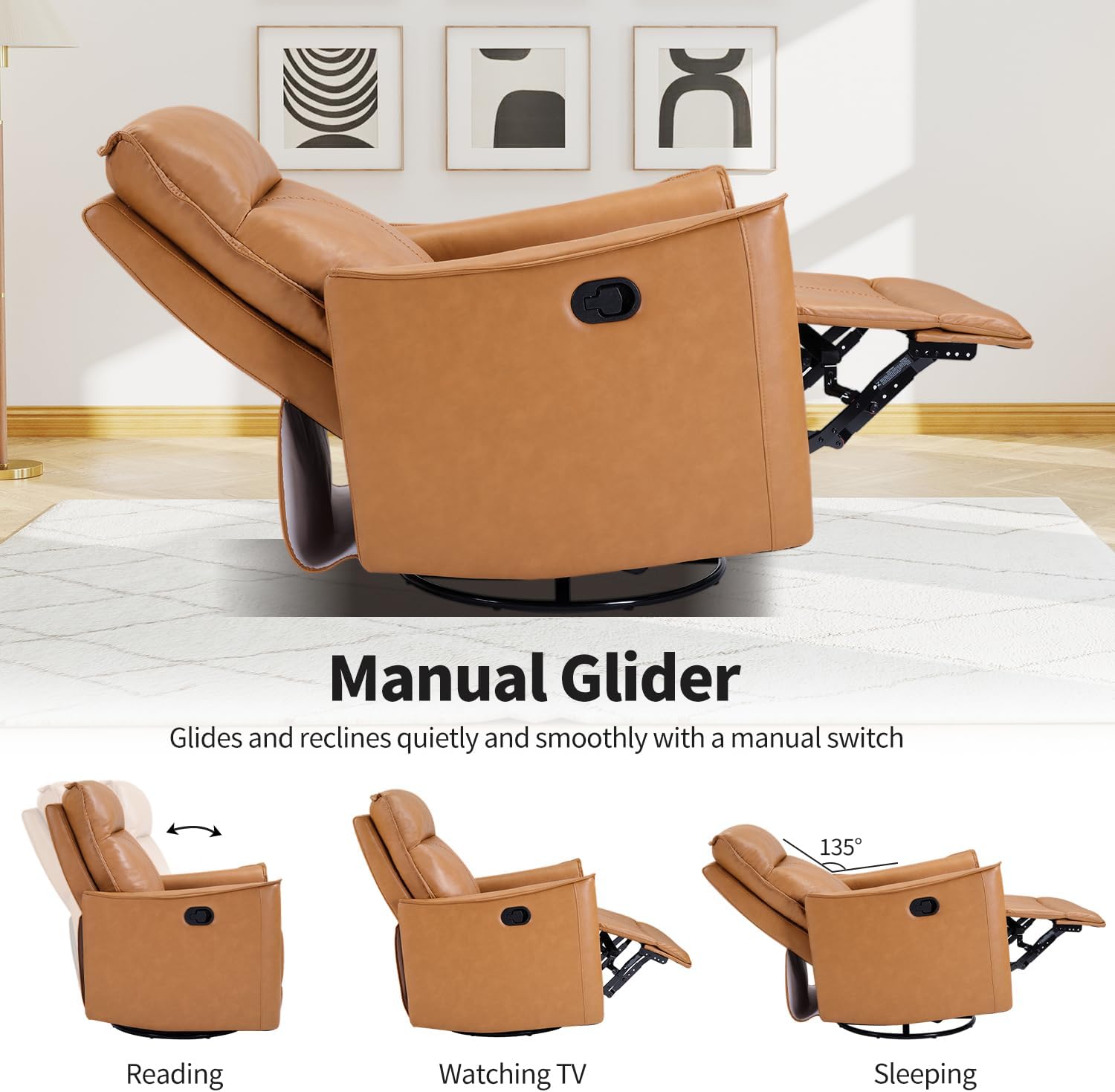 Swivel Rocker Recliner, Glider Rocking Chair, Nursing Chairs Swivel Glider Recliners with Soft Backrest, Leathaire Manual Reclining Sofa for Living Room Bedroom Apartment, Camel
