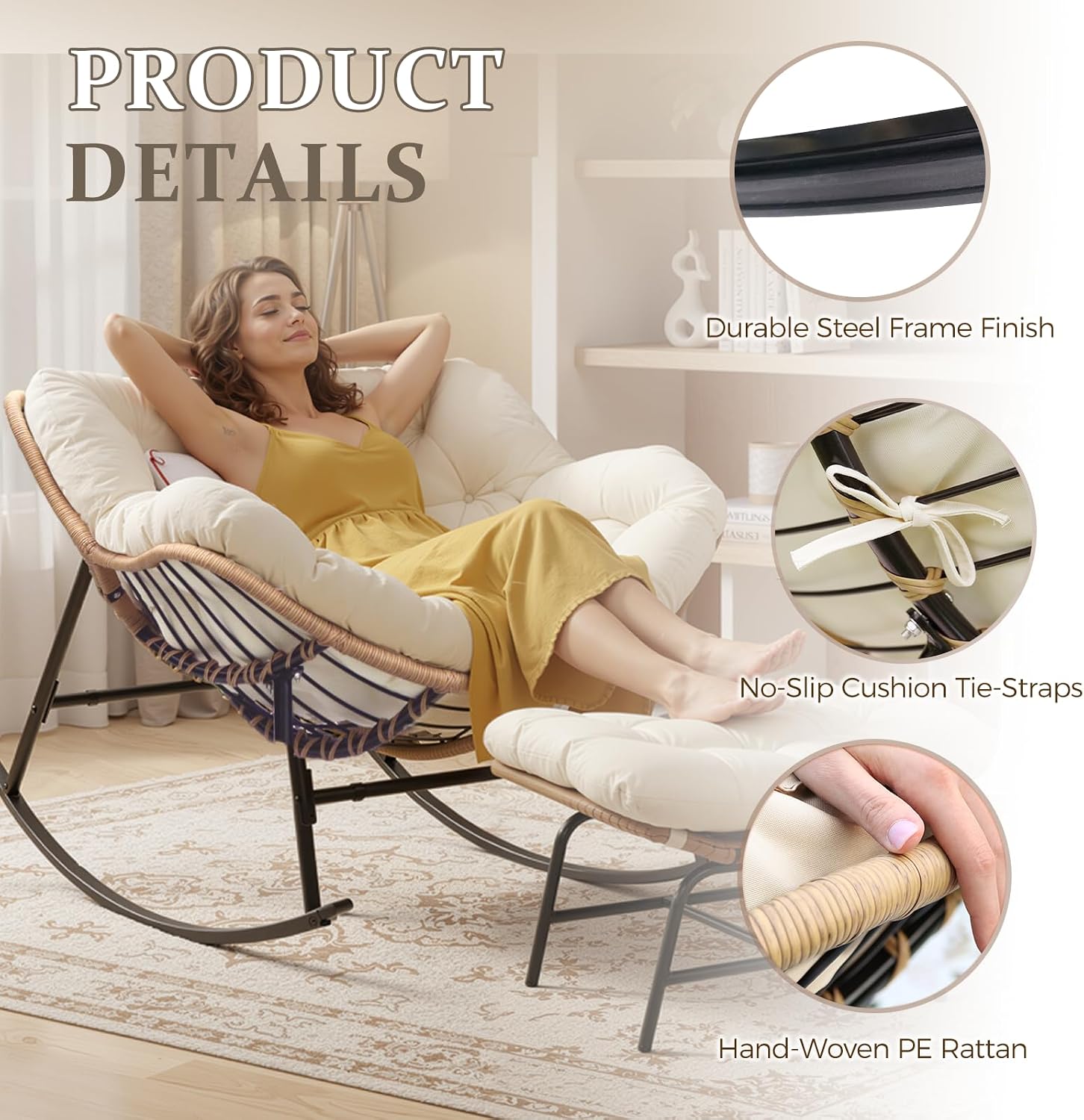 FINCATI 2 PCS Indoor Outdoor Papasan Rocking Chair, Oversized Double Wide PE Wicker Recliner with Cushion and Frame, 700 lbs Capacity, Comfy Lounge Chairs for Reading, Bedroom, Balcony & Garden Grey