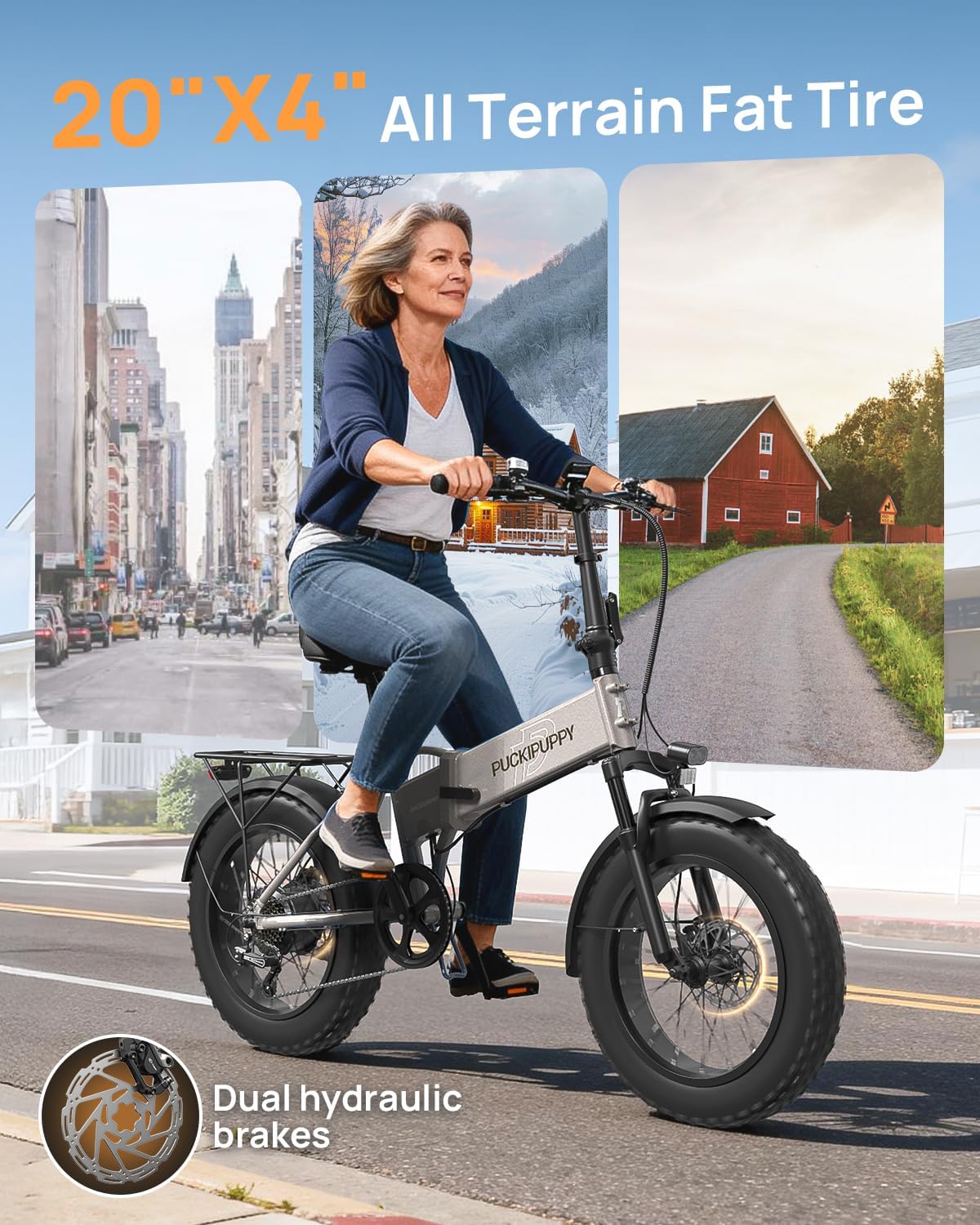 PUCKIPUPPY Folding Electric Bike, 960W Peak Foldable Ebike, 48V 15AH Battery Electric Bike for Adults, 20' Fat Tire, 7 Speed, 28MPH, 70Miles Range, Front Suspension, LCD Display, Dachshund