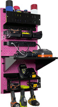Wall Control Power Tool Storage Organizer Kit Cordless Drill Holder Charging Station Rack 16' x 32' Metal Pegboard Organization System (Pink Pegboard)