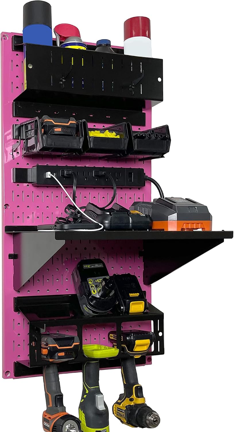 Wall Control Power Tool Storage Organizer Kit Cordless Drill Holder Charging Station Rack 16' x 32' Metal Pegboard Organization System (Pink Pegboard)