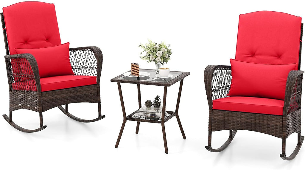 Tangkula 3 Piece Patio Rocker Set, Patiojoy Outdoor Wicker Rocking Chairs w/Double-Layer Coffee Table, Rattan Rocker Chair Set w/Seat Back Cushions & Pillows, for Porch, Backyard, Poolside (Red)