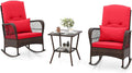 Tangkula 3 Piece Patio Rocker Set, Patiojoy Outdoor Wicker Rocking Chairs w/Double-Layer Coffee Table, Rattan Rocker Chair Set w/Seat Back Cushions & Pillows, for Porch, Backyard, Poolside (Red)