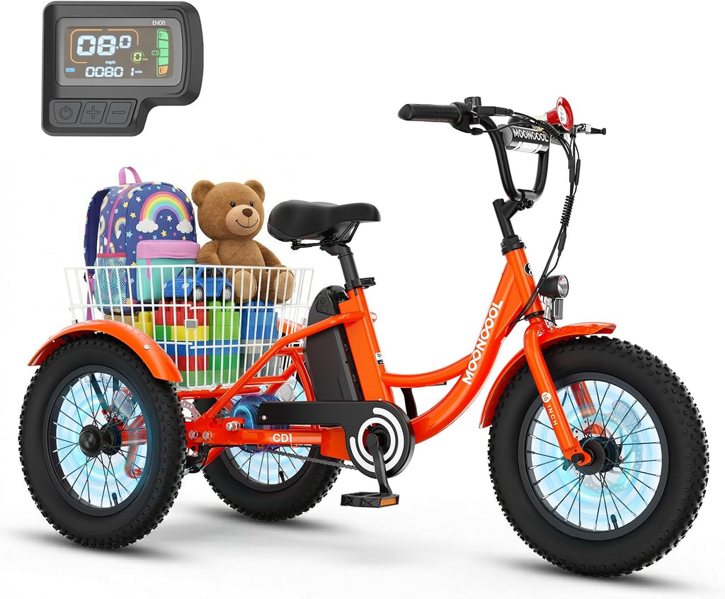 MOOHOTO 16' Electric Tricycle for Small Riders, 3 Wheel Fat Tire E-Trike with Low Step-Through Aluminum Frame, Low-Speed Mode, Removable Battery, Rear Basket, Easy Control for Beginners