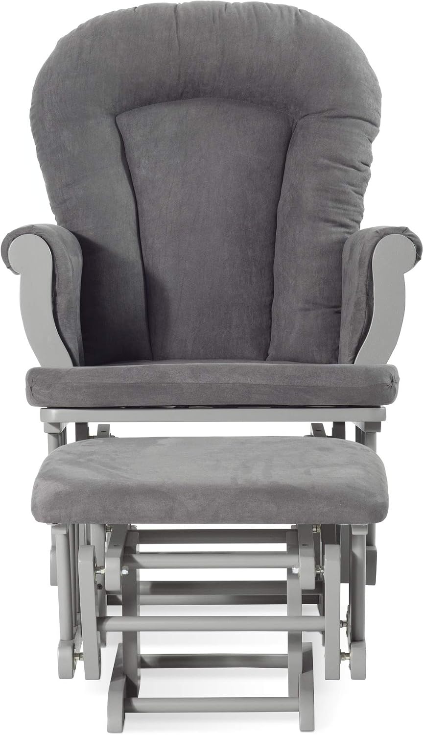 Child Craft Cozy Glider Rocker and Ottoman Set, Smooth Quiet Gliding Motion, Padded Cushion with Convenient Storage Pockets, Solid Wood Base & Frame (Cool Gray with Dark Gray Cushion)