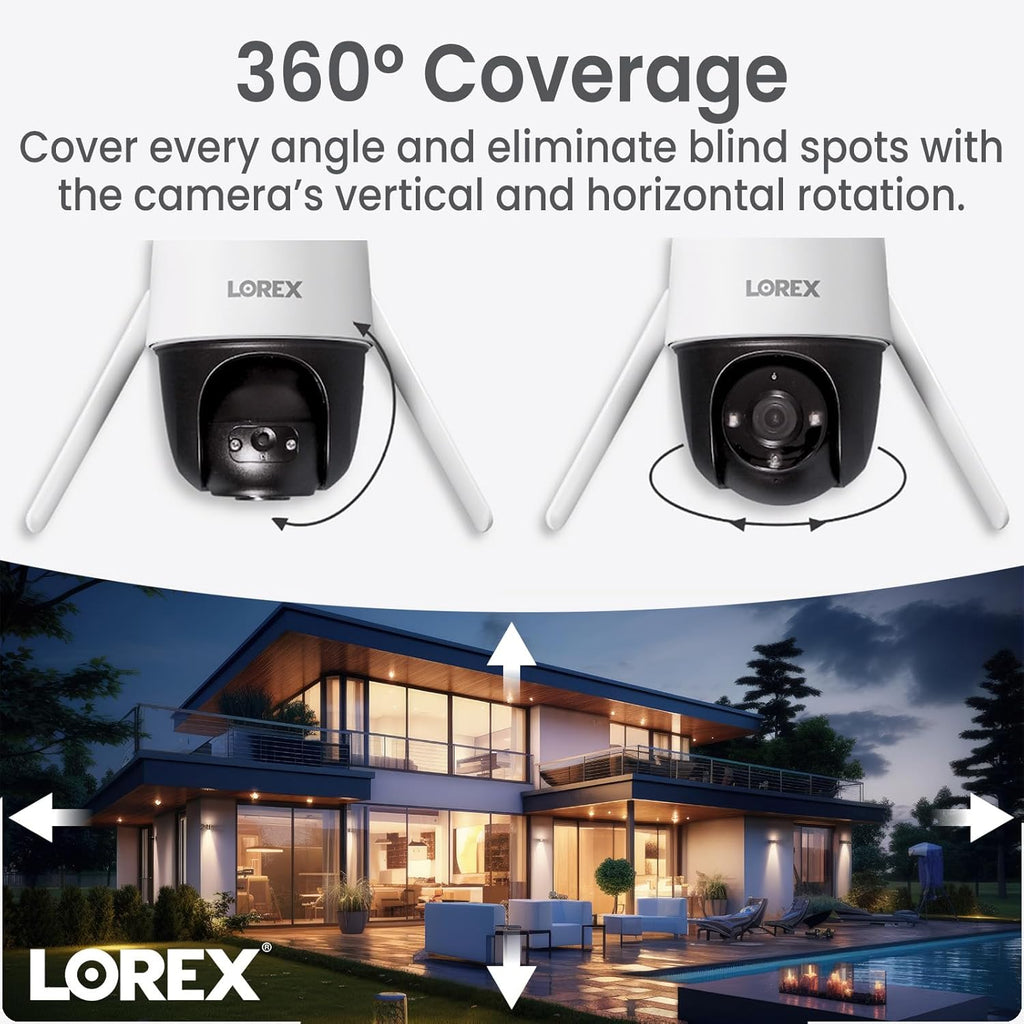 Lorex 2K Pan-Tilt Outdoor WiFi Security Camera | 360° View | Auto-Tracking | Color Night Vision | Person Detection | Warning Light & Siren | IP66 Weatherproof | 32GB MicroSD Included | No Monthly Fee