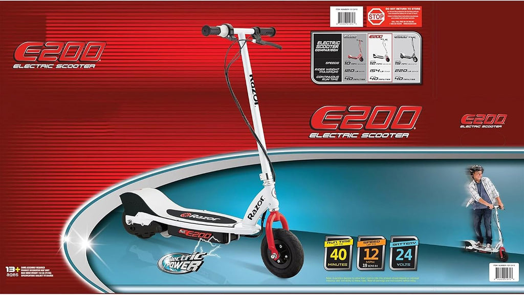 Razor E200 Electric Scooter for Teens & Adults - 12 MPH High-Torque Motor, 40 Min Ride Time, 154 lbs Max Weight, 8' Pneumatic Tires, Steel Frame, White