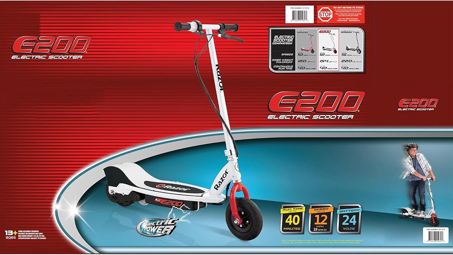 Razor E200 Electric Scooter for Teens & Adults - 12 MPH High-Torque Motor, 40 Min Ride Time, 154 lbs Max Weight, 8' Pneumatic Tires, Steel Frame, White