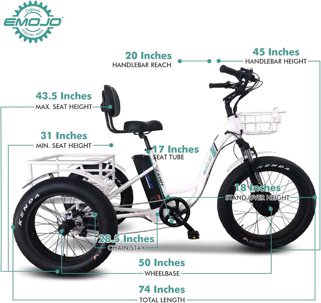 EMOJO Caddy Pro 500W 20 x 4.0 Inch Fat Tire Electric Tricycle for Adults Hydraulic Disk Brakes Ebike Trike 7 Speed Pedal Assist 3 Wheel Electric Bike with 48V 15.6Ah Battery (White)