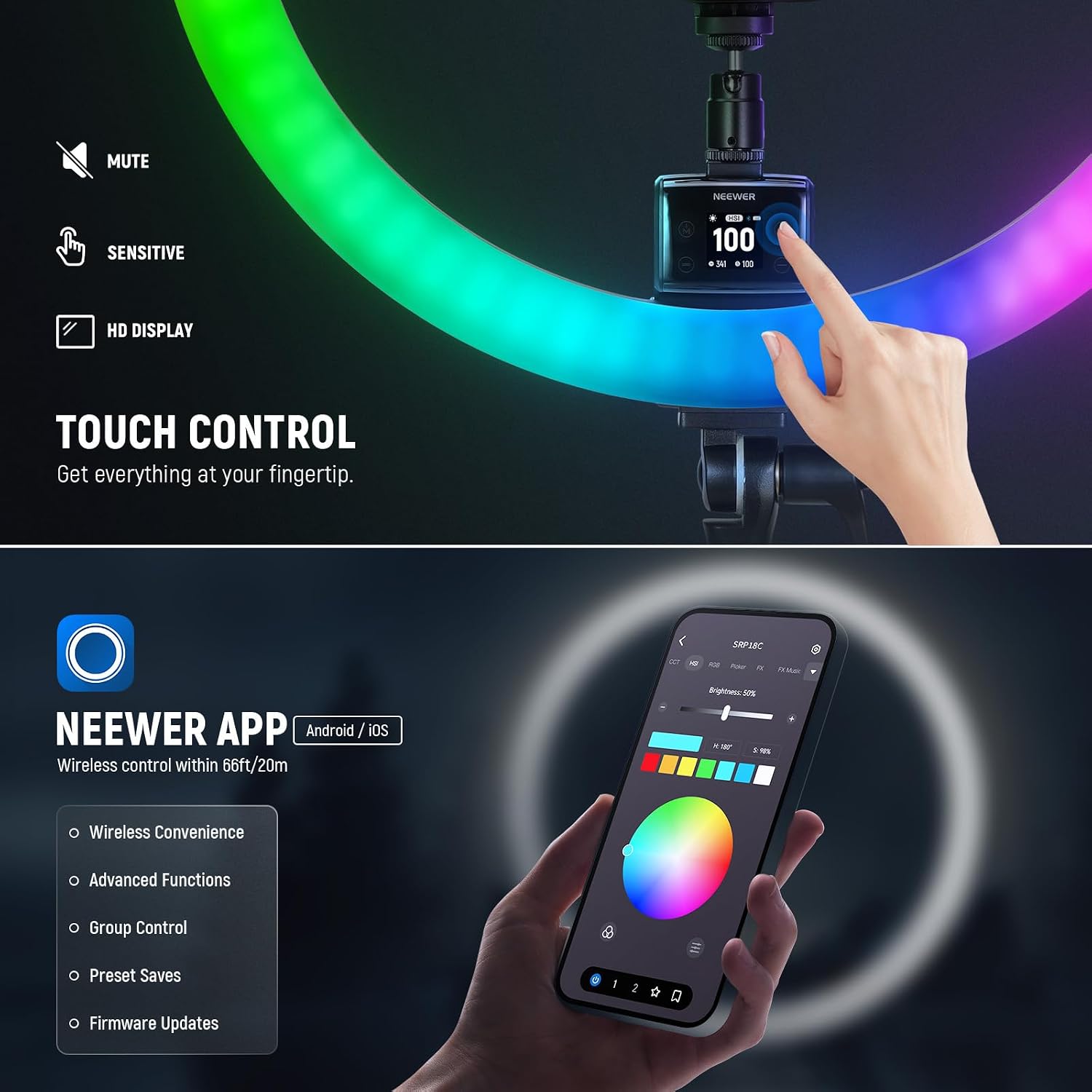 NEEWER SRP18C 18 Inch RGB LED Ring Light Kit with Reversible Tripod Light Stand App Control Phone Holder Compatible with iPhone, Ultra Slim Ringlight for Makeup Video Recording Selfie Studio Streaming