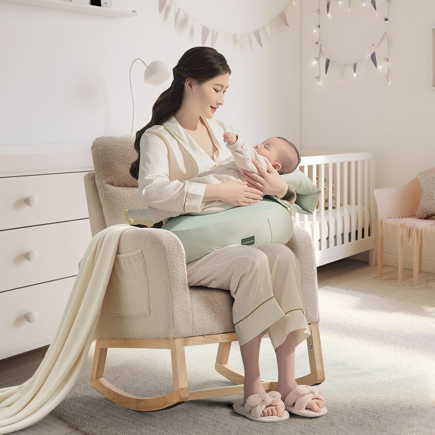 IDEALHOUSE Nursery Rocking Chair, Upholstered Glider Rocker with High Back & Side Pocket, Comfy Nursing Chair for Breastfeeding, Padded Nursery Armchair for Baby Room, Bedroom & Living Room
