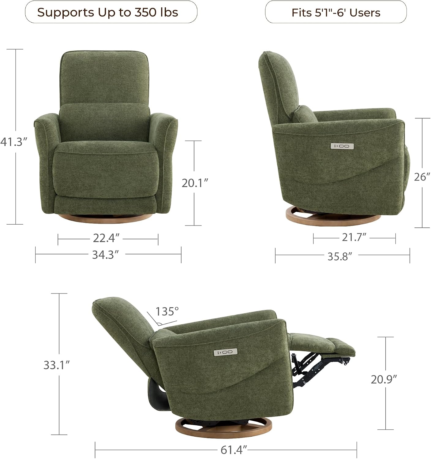 CHITA Power Nursery Rocking Chair, Swivel Glider Recliner Chair with Solid Wood Base, Bulit-in USB & Type-C Charging Ports for Living Room, FSC Certified, Moss Green