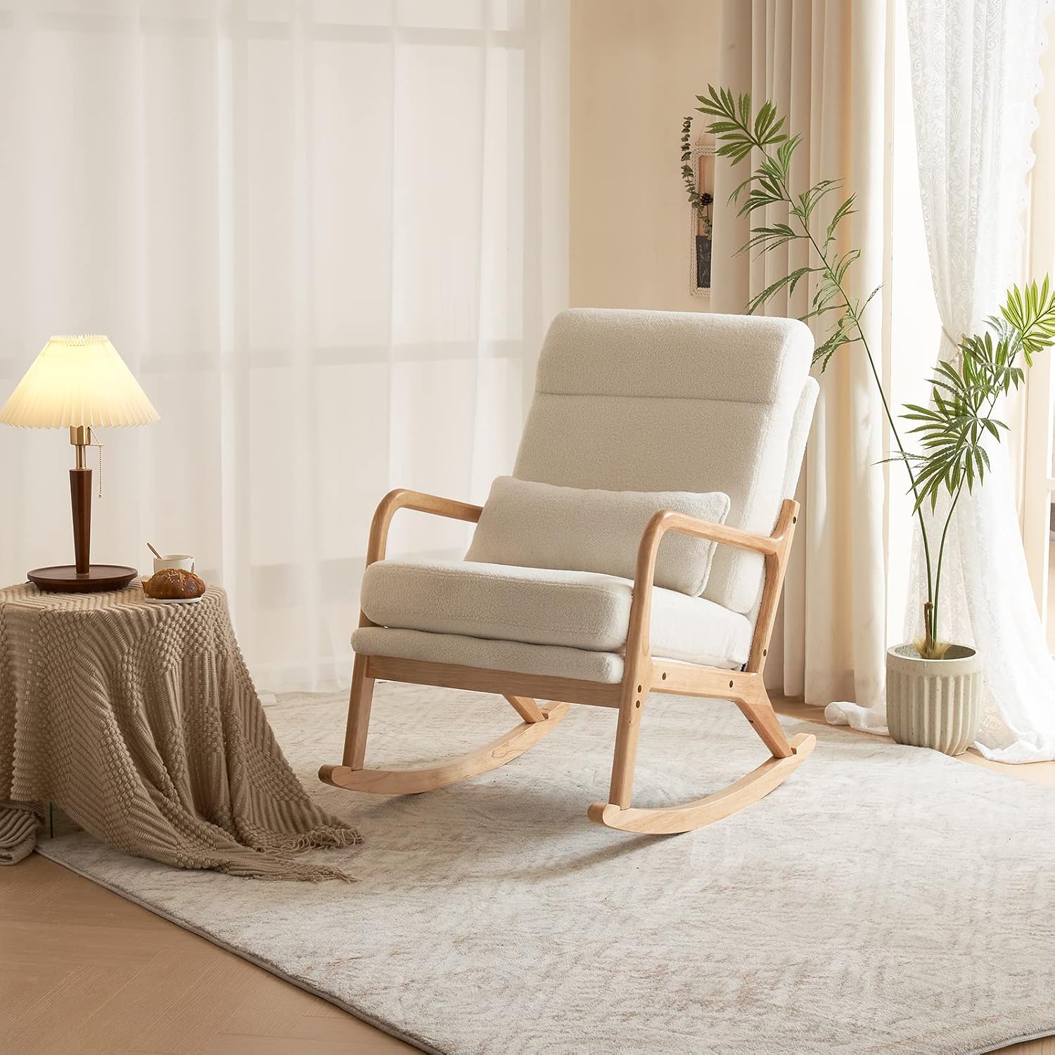 Karl home Nursery Rocking Chair Removable Glider Rocker High Backrest Rocking Armchair Mid-Century Accent Chair with Lumber Pillow for Bedroom, Living Room, Nursery, Creamy-White